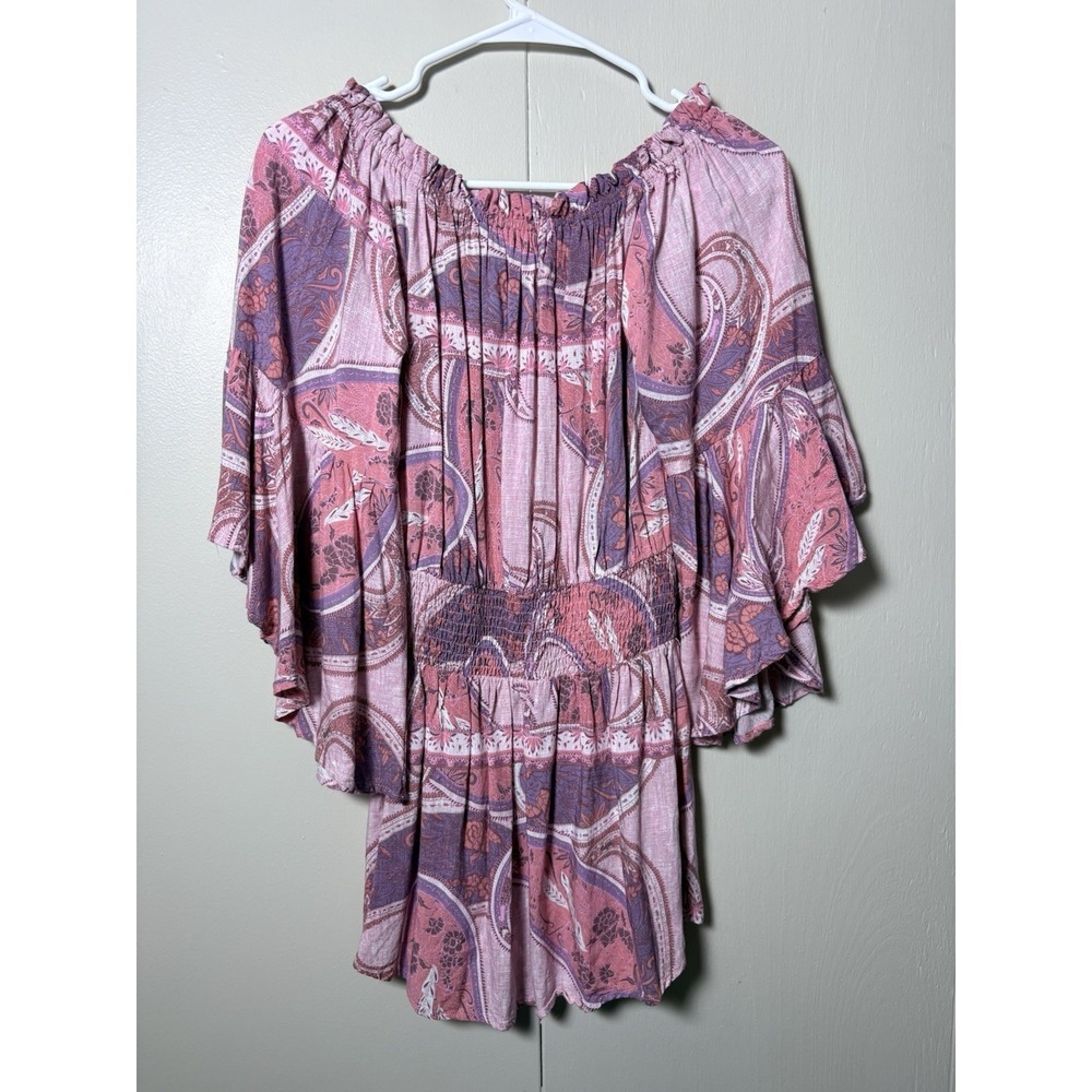 Paper Heart Off Shoulder Boho Paisley Peasant Tunic XS Fairy Resort Whimsy Hippi